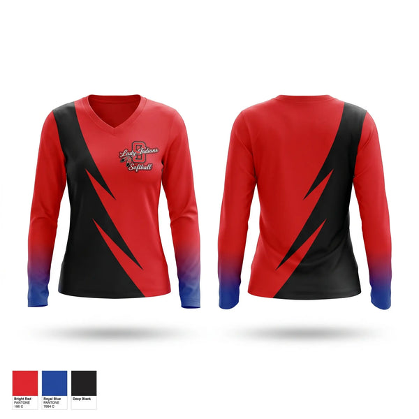 Womens Long Sleeve Vneck Shirt, Sissonville Lady Indians, Softball, Teamtime, Team time, sublimation, custom sports apparel, team uniforms, spirit wear, spiritwear, sports uniforms, custom shirts, team store, custom team store, fundraiser sports, apparel fundraiser