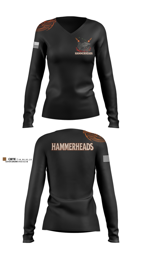 Womens Long Sleeve Vneck Shirt, HHC, 307th ESB-E, Army, Teamtime, Team time, sublimation, custom sports apparel, team uniforms, spirit wear, spiritwear, sports uniforms, custom shirts, team store, custom team store, fundraiser sports, apparel fundraiser