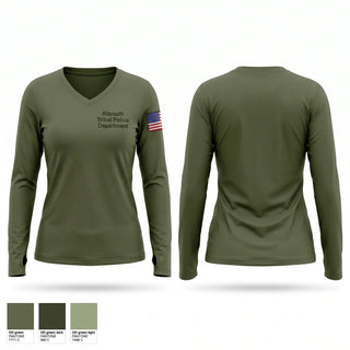 Womens Long Sleeve Vneck Shirt, Klamath Tribal Police Department, Police, Teamtime, Team time, sublimation, custom sports apparel, team uniforms, spirit wear, spiritwear, sports uniforms, custom shirts, team store, custom team store, fundraiser sports, apparel fundraiser