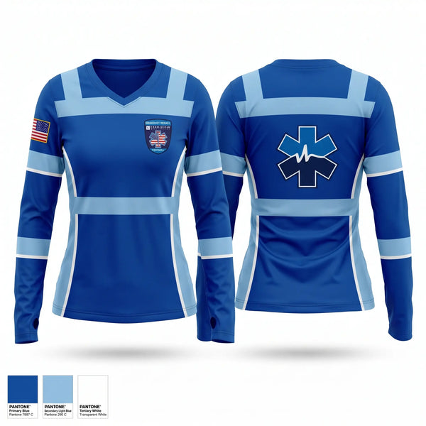 Womens Long Sleeve Vneck Shirt, Cumberland Healthcare, EMS/EMT, Teamtime, Team time, sublimation, custom sports apparel, team uniforms, spirit wear, spiritwear, sports uniforms, custom shirts, team store, custom team store, fundraiser sports, apparel fundraiser