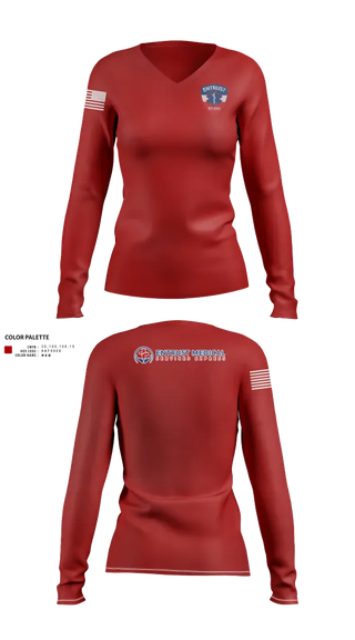Womens Long Sleeve Vneck Shirt, Entrust Medical Services Express, EMS/EMT, Teamtime, Team time, sublimation, custom sports apparel, team uniforms, spirit wear, spiritwear, sports uniforms, custom shirts, team store, custom team store, fundraiser sports, apparel fundraiser