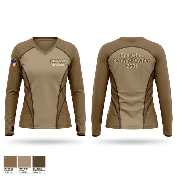 Womens Long Sleeve Vneck Shirt, 385 Field Hospital, Army, Teamtime, Team time, sublimation, custom sports apparel, team uniforms, spirit wear, spiritwear, sports uniforms, custom shirts, team store, custom team store, fundraiser sports, apparel fundraiser