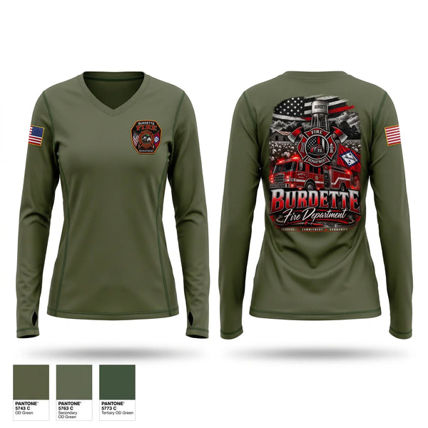 Womens Long Sleeve Vneck Shirt, Burdette Fire Department, Fire Department, Teamtime, Team time, sublimation, custom sports apparel, team uniforms, spirit wear, spiritwear, sports uniforms, custom shirts, team store, custom team store, fundraiser sports, apparel fundraiser