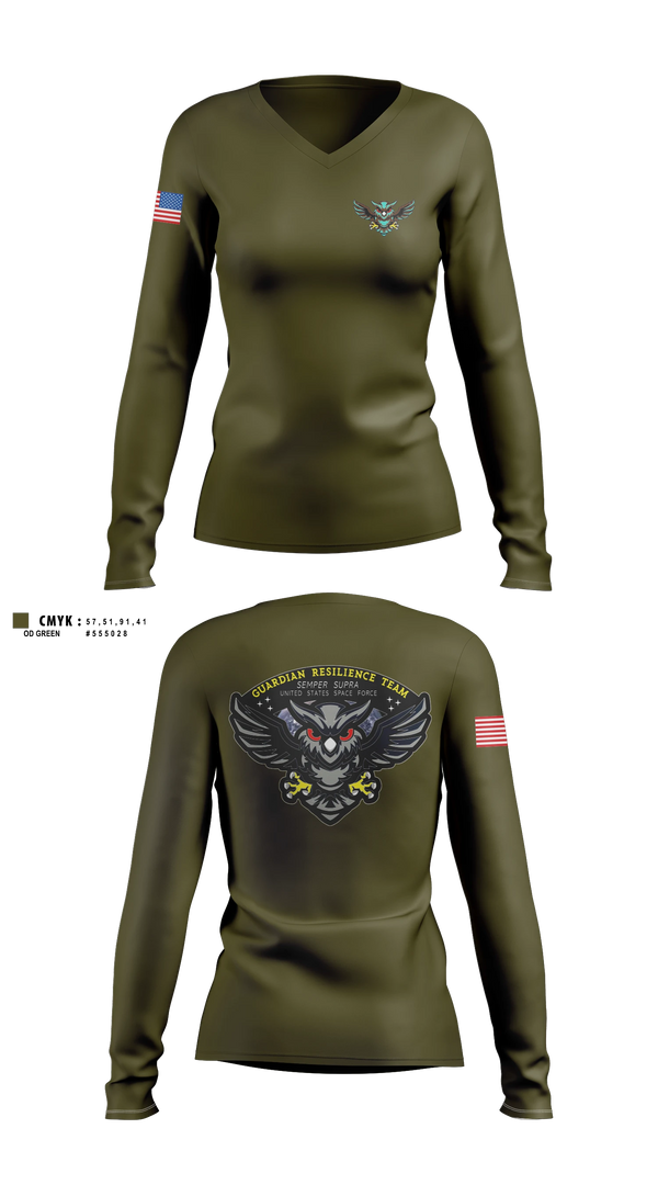 Womens Long Sleeve Vneck Shirt, Guardian Resilience Team, Space Force, Teamtime, Team time, sublimation, custom sports apparel, team uniforms, spirit wear, spiritwear, sports uniforms, custom shirts, team store, custom team store, fundraiser sports, apparel fundraiser