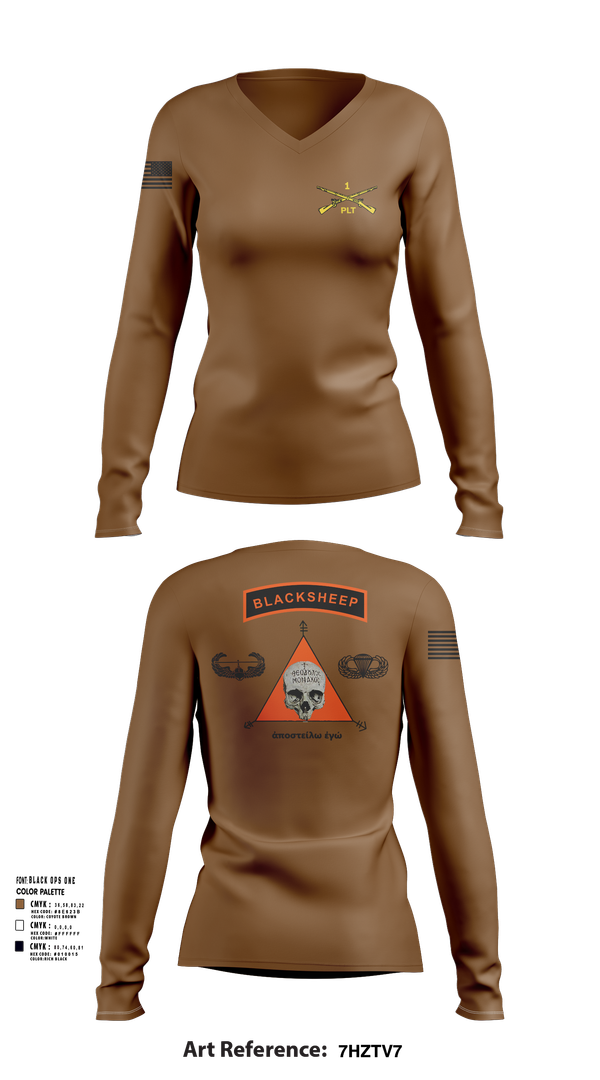 Womens Long Sleeve Vneck Shirt, 1st PLT B Co 1-173IN, , Teamtime, Team time, sublimation, custom sports apparel, team uniforms, spirit wear, spiritwear, sports uniforms, custom shirts, team store, custom team store, fundraiser sports, apparel fundraiser