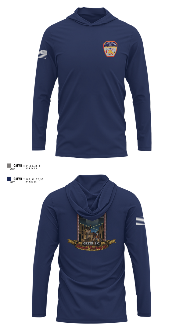 Long Sleeve Hooded Sun Shirt, City Of Greer FD, Fire Department, Teamtime, Team time, sublimation, custom sports apparel, team uniforms, spirit wear, spiritwear, sports uniforms, custom shirts, team store, custom team store, fundraiser sports, apparel fundraiser