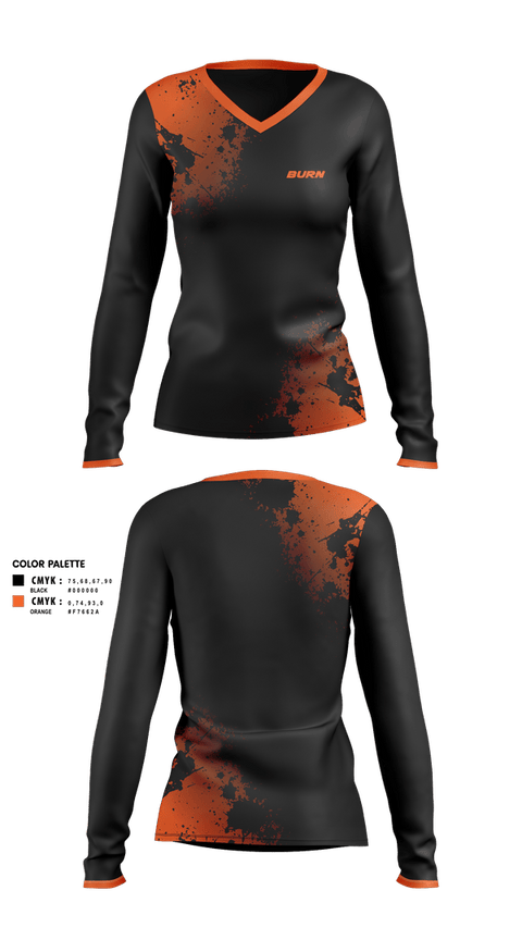 Womens Long Sleeve Vneck Shirt, BURN, Spirit Store, Teamtime, Team time, sublimation, custom sports apparel, team uniforms, spirit wear, spiritwear, sports uniforms, custom shirts, team store, custom team store, fundraiser sports, apparel fundraiser