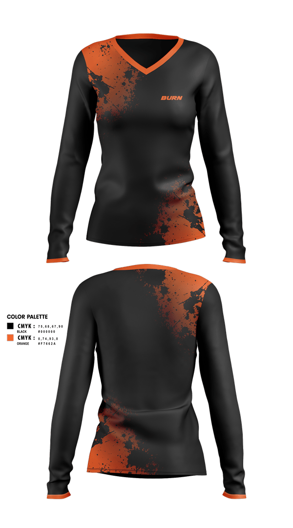 Womens Long Sleeve Vneck Shirt, BURN, Spirit Store, Teamtime, Team time, sublimation, custom sports apparel, team uniforms, spirit wear, spiritwear, sports uniforms, custom shirts, team store, custom team store, fundraiser sports, apparel fundraiser