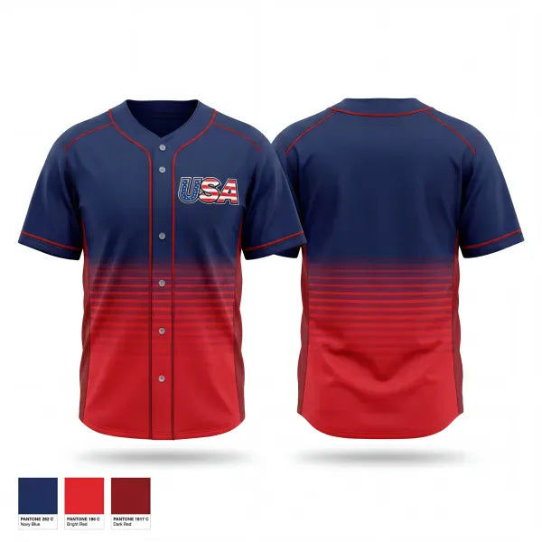 Full Button Baseball Jersey, USA, Baseball, Teamtime, Team time, sublimation, custom sports apparel, team uniforms, spirit wear, spiritwear, sports uniforms, custom shirts, team store, custom team store, fundraiser sports, apparel fundraiser