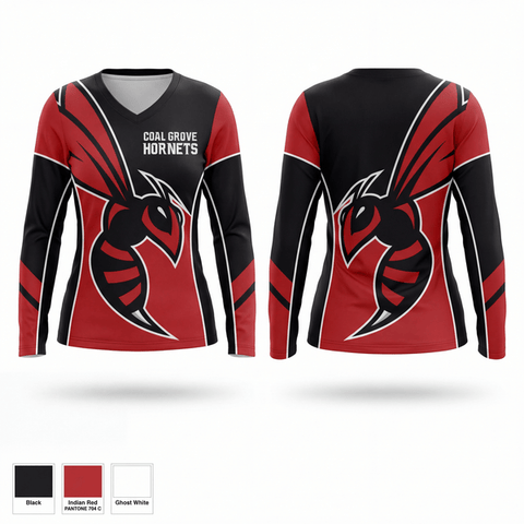 Womens Long Sleeve Vneck Shirt, Coal Grove Hornets, , Teamtime, Team time, sublimation, custom sports apparel, team uniforms, spirit wear, spiritwear, sports uniforms, custom shirts, team store, custom team store, fundraiser sports, apparel fundraiser
