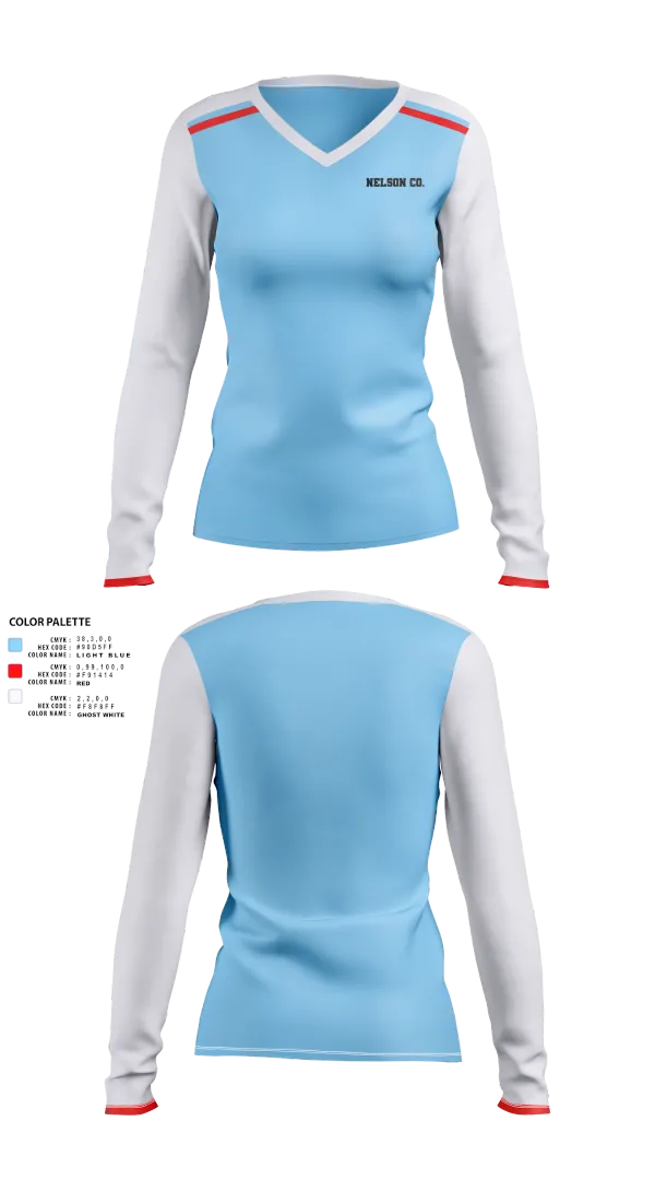 Womens Long Sleeve Vneck Shirt, Nelson Co., Women's Basketball, Teamtime, Team time, sublimation, custom sports apparel, team uniforms, spirit wear, spiritwear, sports uniforms, custom shirts, team store, custom team store, fundraiser sports, apparel fundraiser