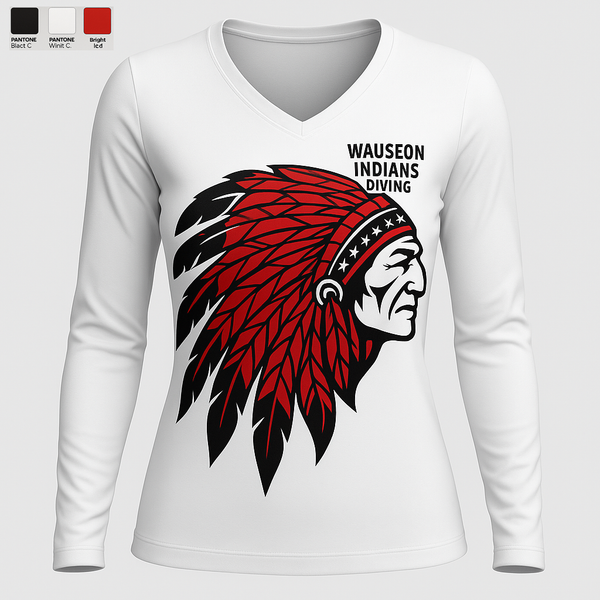 Womens Long Sleeve Vneck Shirt, Wauseon Indians Diving, Swimming, Teamtime, Team time, sublimation, custom sports apparel, team uniforms, spirit wear, spiritwear, sports uniforms, custom shirts, team store, custom team store, fundraiser sports, apparel fundraiser