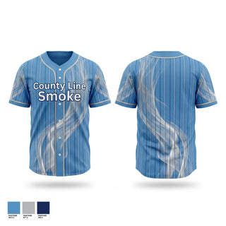 Full Button Baseball Jersey, County Line Smoke, Baseball, Teamtime, Team time, sublimation, custom sports apparel, team uniforms, spirit wear, spiritwear, sports uniforms, custom shirts, team store, custom team store, fundraiser sports, apparel fundraiser