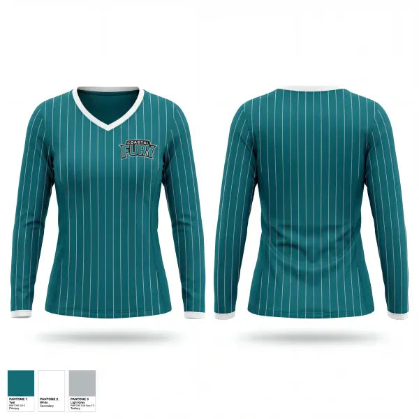 Womens Long Sleeve Vneck Shirt, Coastal Fury, Baseball, Teamtime, Team time, sublimation, custom sports apparel, team uniforms, spirit wear, spiritwear, sports uniforms, custom shirts, team store, custom team store, fundraiser sports, apparel fundraiser