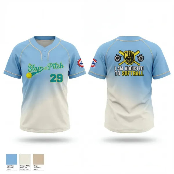 Two Button Softball Jersey, Slap A Pitch, Softball, Teamtime, Team time, sublimation, custom sports apparel, team uniforms, spirit wear, spiritwear, sports uniforms, custom shirts, team store, custom team store, fundraiser sports, apparel fundraiser