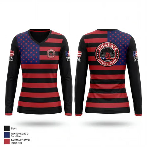 Womens Long Sleeve Vneck Shirt, Chapa’s Boxing Team, , Teamtime, Team time, sublimation, custom sports apparel, team uniforms, spirit wear, spiritwear, sports uniforms, custom shirts, team store, custom team store, fundraiser sports, apparel fundraiser