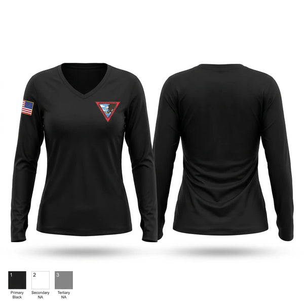 Womens Long Sleeve Vneck Shirt, HSM Weapons School Atlantic, Navy, Teamtime, Team time, sublimation, custom sports apparel, team uniforms, spirit wear, spiritwear, sports uniforms, custom shirts, team store, custom team store, fundraiser sports, apparel fundraiser
