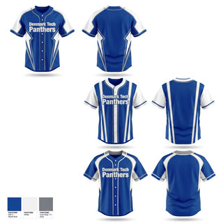 Full Button Baseball Jersey, Denmark Tech Panthers, Baseball, Teamtime, Team time, sublimation, custom sports apparel, team uniforms, spirit wear, spiritwear, sports uniforms, custom shirts, team store, custom team store, fundraiser sports, apparel fundraiser