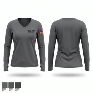 Womens Long Sleeve Vneck Shirt, Cypress Pointe Fire & Rescue, Fire Department, Teamtime, Team time, sublimation, custom sports apparel, team uniforms, spirit wear, spiritwear, sports uniforms, custom shirts, team store, custom team store, fundraiser sports, apparel fundraiser