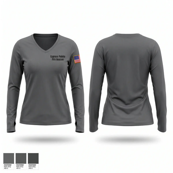 Womens Long Sleeve Vneck Shirt, Cypress Pointe Fire & Rescue, Fire Department, Teamtime, Team time, sublimation, custom sports apparel, team uniforms, spirit wear, spiritwear, sports uniforms, custom shirts, team store, custom team store, fundraiser sports, apparel fundraiser