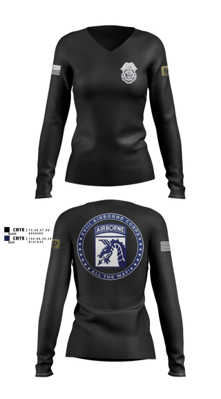 Womens Long Sleeve Vneck Shirt, Fort Bragg Law Enforcement Company, Army, Teamtime, Team time, sublimation, custom sports apparel, team uniforms, spirit wear, spiritwear, sports uniforms, custom shirts, team store, custom team store, fundraiser sports, apparel fundraiser