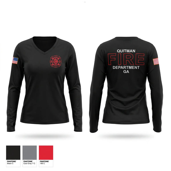 Womens Long Sleeve Vneck Shirt, Quitman Fire Department, Fire Department, Teamtime, Team time, sublimation, custom sports apparel, team uniforms, spirit wear, spiritwear, sports uniforms, custom shirts, team store, custom team store, fundraiser sports, apparel fundraiser