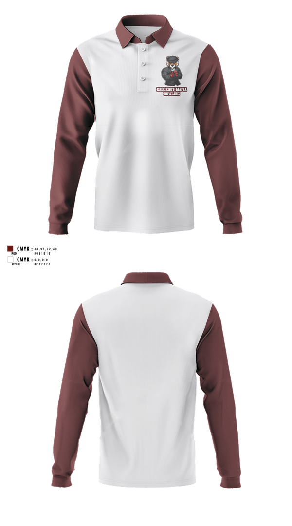Long Sleeve Performance Polo, Knockout Mafia, Bowling, Teamtime, Team time, sublimation, custom sports apparel, team uniforms, spirit wear, spiritwear, sports uniforms, custom shirts, team store, custom team store, fundraiser sports, apparel fundraiser