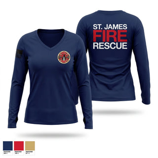 Womens Long Sleeve Vneck Shirt, St. James Volunteer Fire Department, Fire Department, Teamtime, Team time, sublimation, custom sports apparel, team uniforms, spirit wear, spiritwear, sports uniforms, custom shirts, team store, custom team store, fundraiser sports, apparel fundraiser