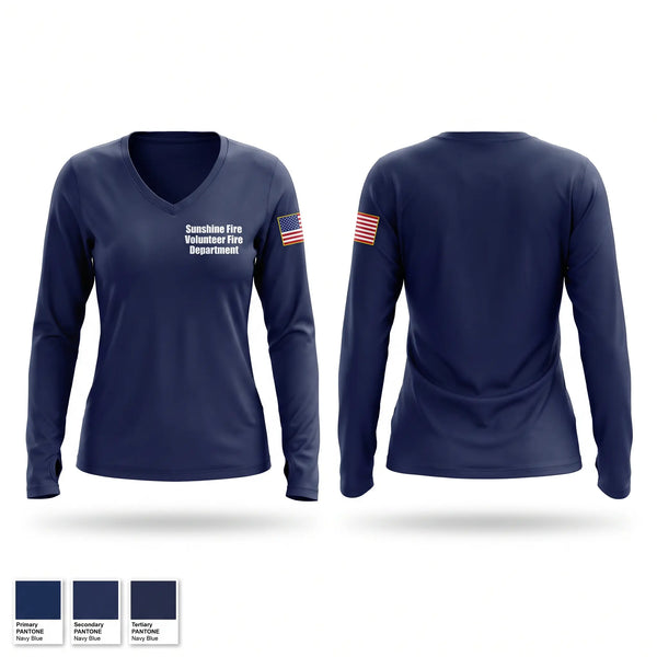 Womens Long Sleeve Vneck Shirt, Sunshine Fire Volunteer Fire Department, Fire Department, Teamtime, Team time, sublimation, custom sports apparel, team uniforms, spirit wear, spiritwear, sports uniforms, custom shirts, team store, custom team store, fundraiser sports, apparel fundraiser