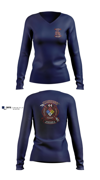 Womens Long Sleeve Vneck Shirt, Lansing FD - Station #4, Fire Department, Teamtime, Team time, sublimation, custom sports apparel, team uniforms, spirit wear, spiritwear, sports uniforms, custom shirts, team store, custom team store, fundraiser sports, apparel fundraiser