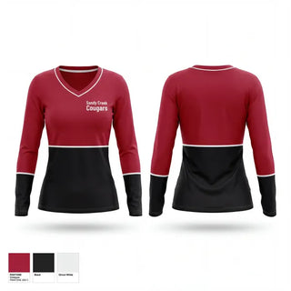 Womens Long Sleeve Vneck Shirt, Sandy Creek Cougars, Softball, Teamtime, Team time, sublimation, custom sports apparel, team uniforms, spirit wear, spiritwear, sports uniforms, custom shirts, team store, custom team store, fundraiser sports, apparel fundraiser