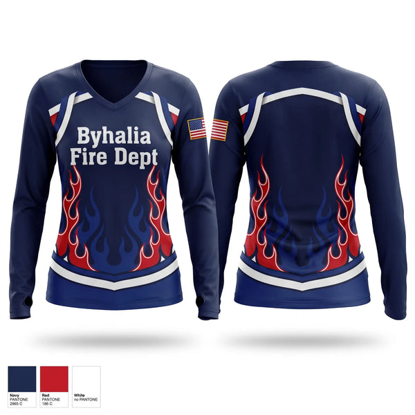 Womens Long Sleeve Vneck Shirt, Byhalia Fire Dept, Fire Department, Teamtime, Team time, sublimation, custom sports apparel, team uniforms, spirit wear, spiritwear, sports uniforms, custom shirts, team store, custom team store, fundraiser sports, apparel fundraiser