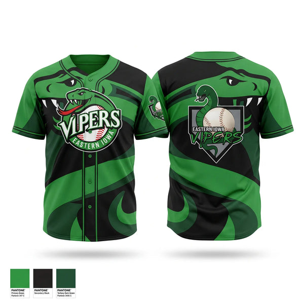 Full Button Baseball Jersey, Eastern Iowa Vipers, Baseball, Teamtime, Team time, sublimation, custom sports apparel, team uniforms, spirit wear, spiritwear, sports uniforms, custom shirts, team store, custom team store, fundraiser sports, apparel fundraiser