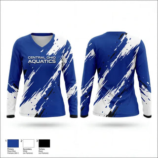 Womens Long Sleeve Vneck Shirt, Central Ohio Aquatics, Swimming, Teamtime, Team time, sublimation, custom sports apparel, team uniforms, spirit wear, spiritwear, sports uniforms, custom shirts, team store, custom team store, fundraiser sports, apparel fundraiser