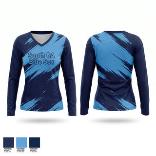 Womens Long Sleeve Vneck Shirt, South GA Blue Sox, Baseball, Teamtime, Team time, sublimation, custom sports apparel, team uniforms, spirit wear, spiritwear, sports uniforms, custom shirts, team store, custom team store, fundraiser sports, apparel fundraiser