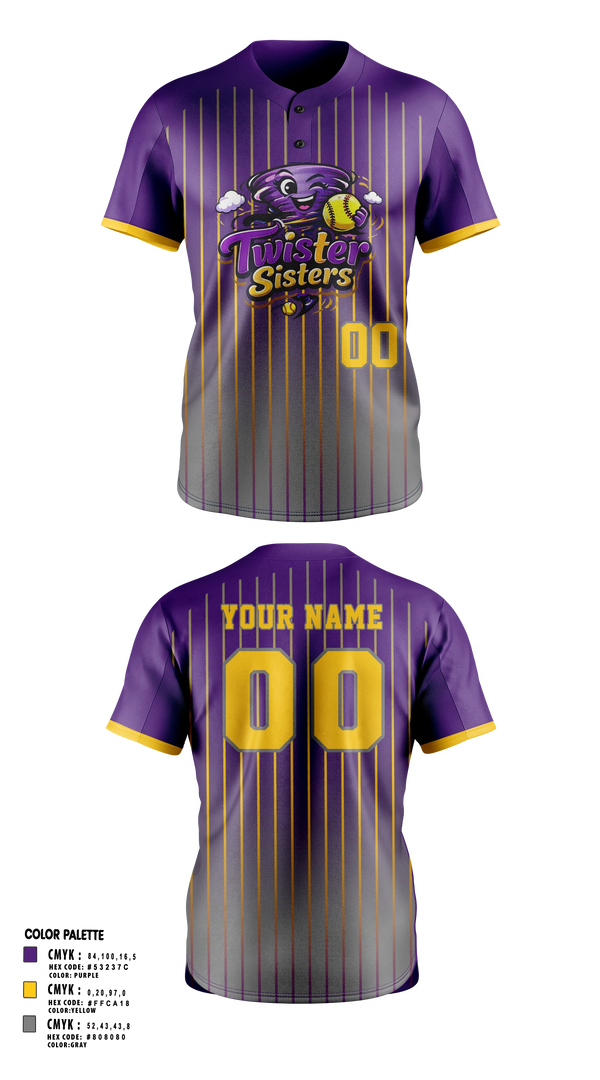 Two Button Softball Jersey, Twister Sisters, Softball, Teamtime, Team time, sublimation, custom sports apparel, team uniforms, spirit wear, spiritwear, sports uniforms, custom shirts, team store, custom team store, fundraiser sports, apparel fundraiser