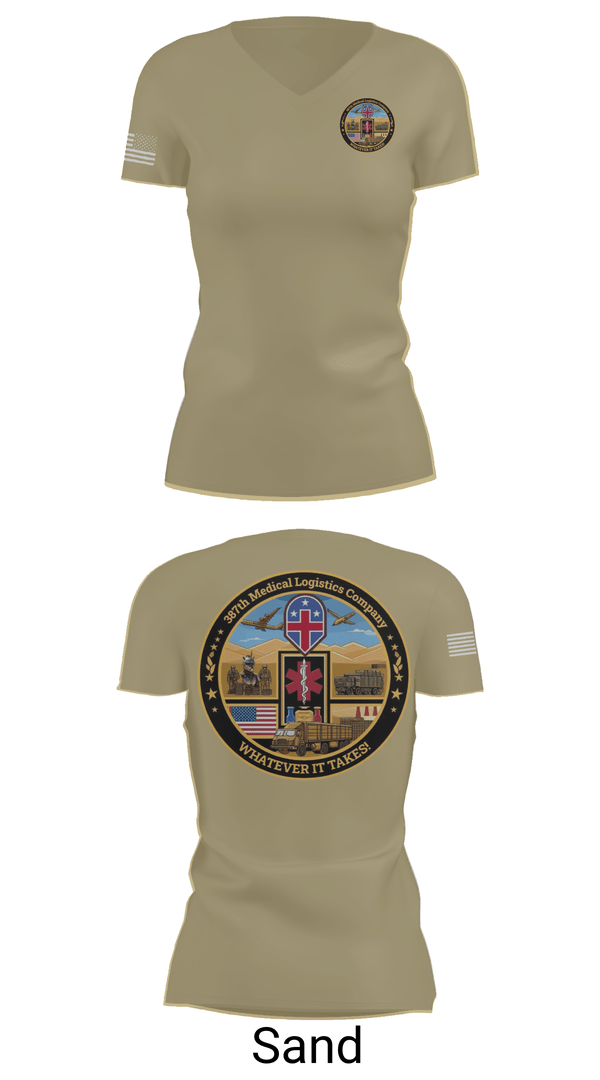 Womens Short Sleeve Vneck Shirt, 387th Medical Logistics Company, Army, Teamtime, Team time, sublimation, custom sports apparel, team uniforms, spirit wear, spiritwear, sports uniforms, custom shirts, team store, custom team store, fundraiser sports, apparel fundraiser