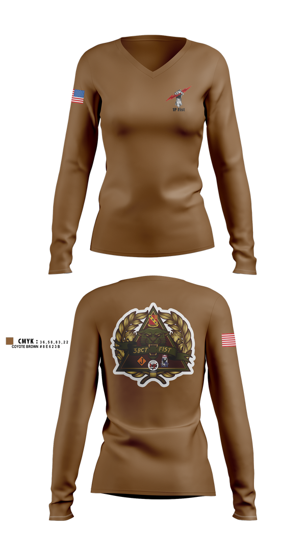 Womens Long Sleeve Vneck Shirt, 1P FIST, Army, Teamtime, Team time, sublimation, custom sports apparel, team uniforms, spirit wear, spiritwear, sports uniforms, custom shirts, team store, custom team store, fundraiser sports, apparel fundraiser
