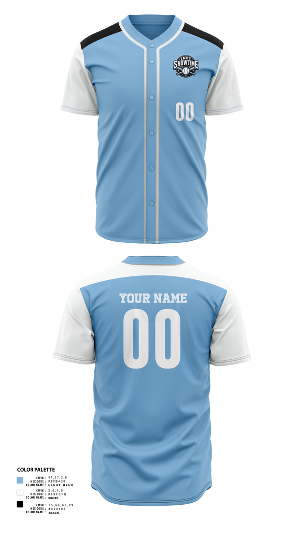 Full Button Baseball Jersey, Indy Showtime, Baseball, Teamtime, Team time, sublimation, custom sports apparel, team uniforms, spirit wear, spiritwear, sports uniforms, custom shirts, team store, custom team store, fundraiser sports, apparel fundraiser
