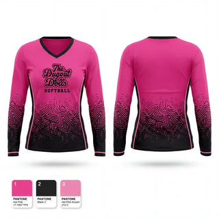 Womens Long Sleeve Vneck Shirt, The Dugout Dolls, Softball, Teamtime, Team time, sublimation, custom sports apparel, team uniforms, spirit wear, spiritwear, sports uniforms, custom shirts, team store, custom team store, fundraiser sports, apparel fundraiser