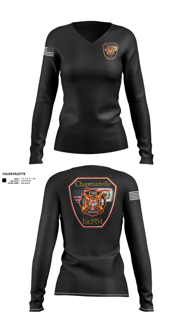 Womens Long Sleeve Vneck Shirt, Chapmanville Fire Department, Fire Department, Teamtime, Team time, sublimation, custom sports apparel, team uniforms, spirit wear, spiritwear, sports uniforms, custom shirts, team store, custom team store, fundraiser sports, apparel fundraiser