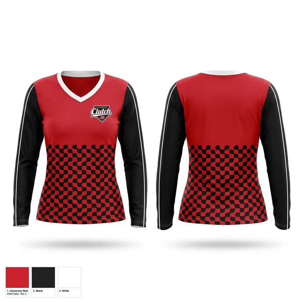 Womens Long Sleeve Vneck Shirt, Clutch, Baseball, Teamtime, Team time, sublimation, custom sports apparel, team uniforms, spirit wear, spiritwear, sports uniforms, custom shirts, team store, custom team store, fundraiser sports, apparel fundraiser