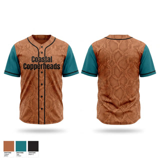 Full Button Baseball Jersey, Coastal Copperheads, Baseball, Teamtime, Team time, sublimation, custom sports apparel, team uniforms, spirit wear, spiritwear, sports uniforms, custom shirts, team store, custom team store, fundraiser sports, apparel fundraiser