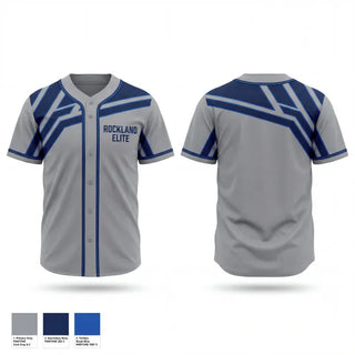 Full Button Baseball Jersey, Rockland Elite Navy, Baseball, Teamtime, Team time, sublimation, custom sports apparel, team uniforms, spirit wear, spiritwear, sports uniforms, custom shirts, team store, custom team store, fundraiser sports, apparel fundraiser