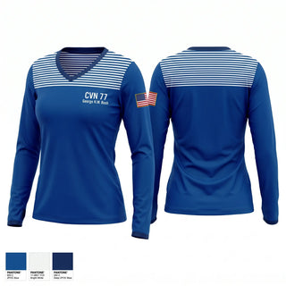 Womens Long Sleeve Vneck Shirt, CVN 77 George HW. Bush, Navy, Teamtime, Team time, sublimation, custom sports apparel, team uniforms, spirit wear, spiritwear, sports uniforms, custom shirts, team store, custom team store, fundraiser sports, apparel fundraiser