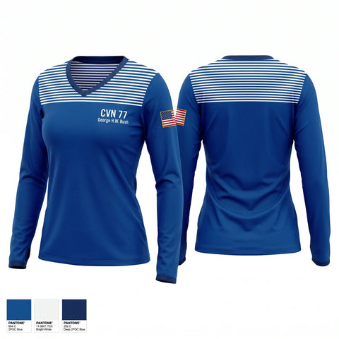 Womens Long Sleeve Vneck Shirt, CVN 77 George HW. Bush, Navy, Teamtime, Team time, sublimation, custom sports apparel, team uniforms, spirit wear, spiritwear, sports uniforms, custom shirts, team store, custom team store, fundraiser sports, apparel fundraiser