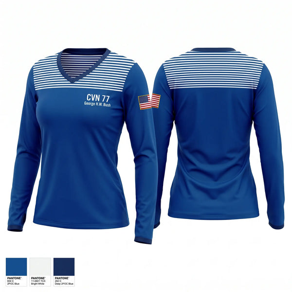 Womens Long Sleeve Vneck Shirt, CVN 77 George HW. Bush, Navy, Teamtime, Team time, sublimation, custom sports apparel, team uniforms, spirit wear, spiritwear, sports uniforms, custom shirts, team store, custom team store, fundraiser sports, apparel fundraiser