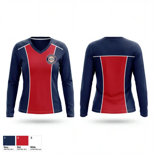 Womens Long Sleeve Vneck Shirt, KCD Freedom, Baseball, Teamtime, Team time, sublimation, custom sports apparel, team uniforms, spirit wear, spiritwear, sports uniforms, custom shirts, team store, custom team store, fundraiser sports, apparel fundraiser