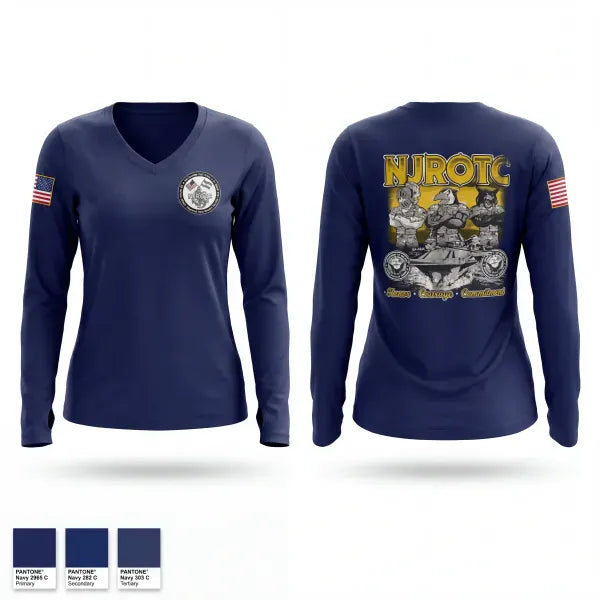 Womens Long Sleeve Vneck Shirt, Washington NJROTC, Navy, Teamtime, Team time, sublimation, custom sports apparel, team uniforms, spirit wear, spiritwear, sports uniforms, custom shirts, team store, custom team store, fundraiser sports, apparel fundraiser
