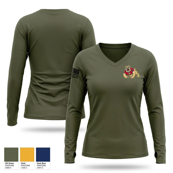 Womens Long Sleeve Vneck Shirt, Bulldog Battalion, Army, Teamtime, Team time, sublimation, custom sports apparel, team uniforms, spirit wear, spiritwear, sports uniforms, custom shirts, team store, custom team store, fundraiser sports, apparel fundraiser